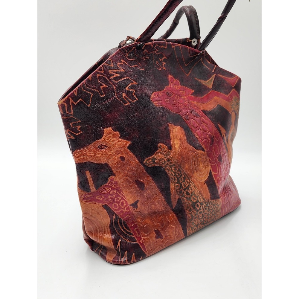 Vintage 80s Hand Tooled &‎ Painted Tribal Giraffes  Double Handle Bag